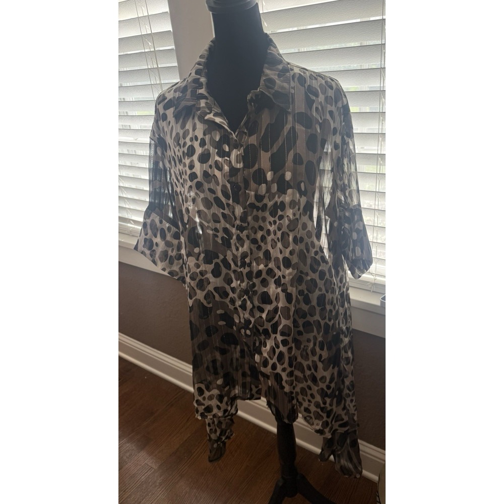 Mirror Image Women's Semi Sheer Leopard Print Button Up Tunic W/ Bell Sleeves. M